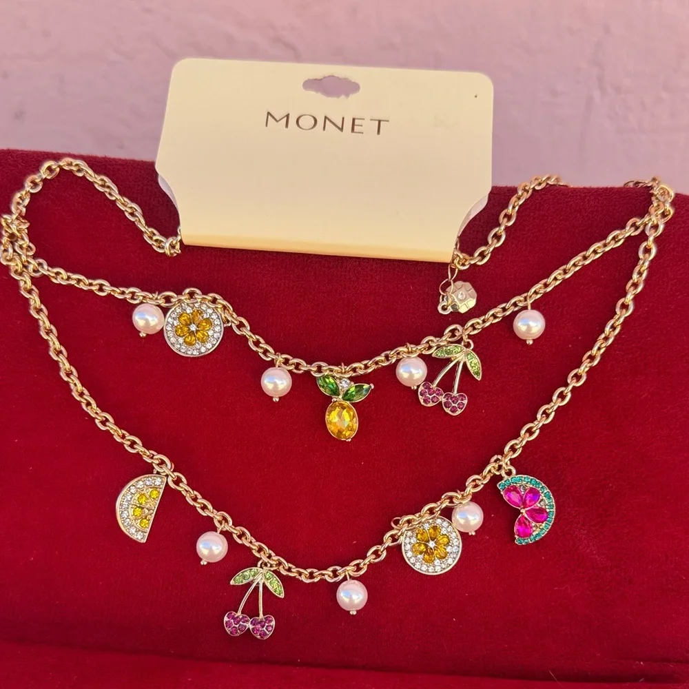 NEW Monet Gold Necklace with Colorful Charms and Pearls